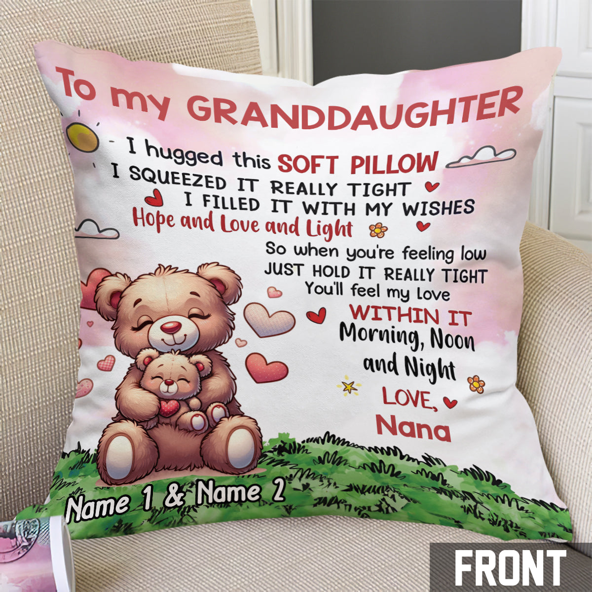 Bear Grandson Granddaughter - Personalized Grandma Throw Pillow