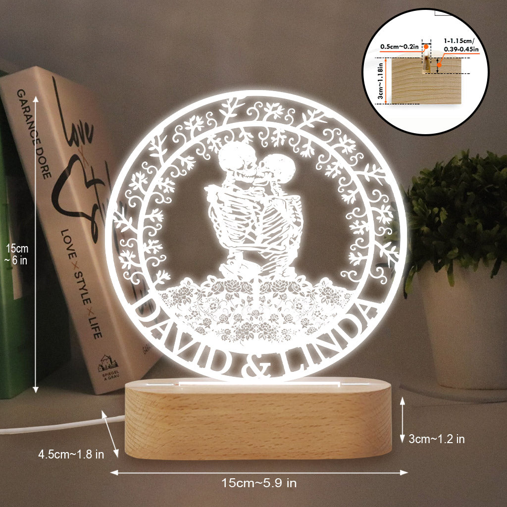 Custom Skeleton Couple Kissing With Roses - Personalized Skull Shaped Plaque Light Base