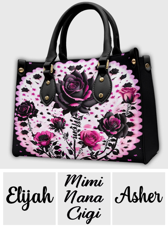 Mother Grandma And Children Black And Pink Roses - Personalized Mother Leather Handbag