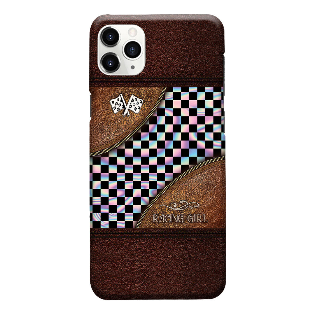 Étui de téléphone imprimé en cuir à motif de course automobile pour fille