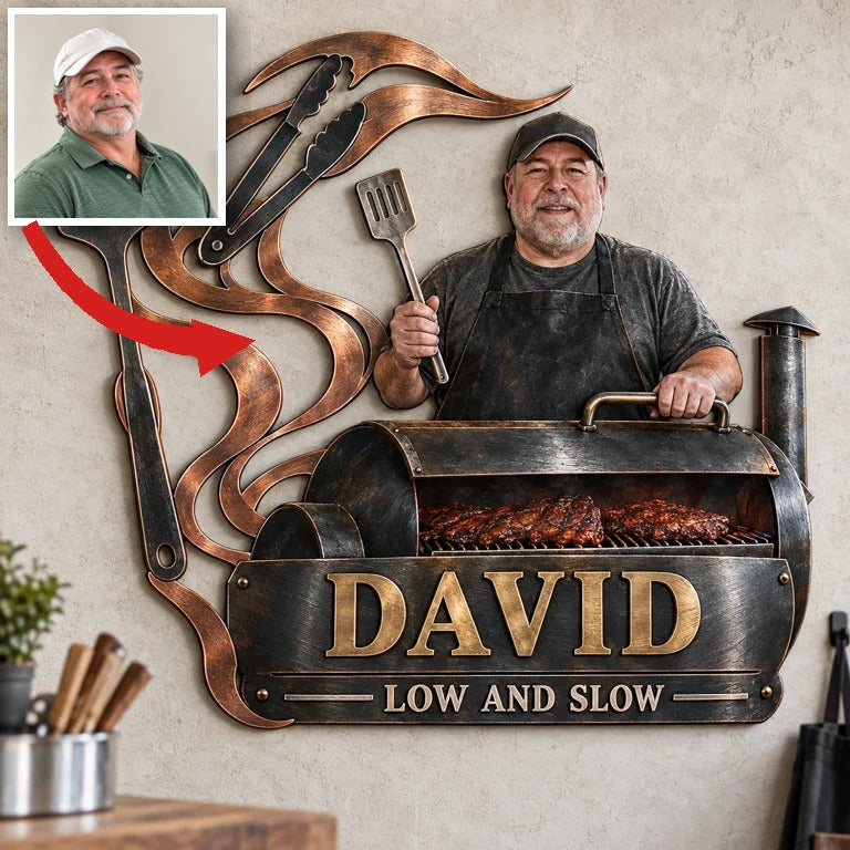 Personalisierte BBQ Metall Wandkunst - Individuelles Porträt und Name, Grill Wanddekoration
