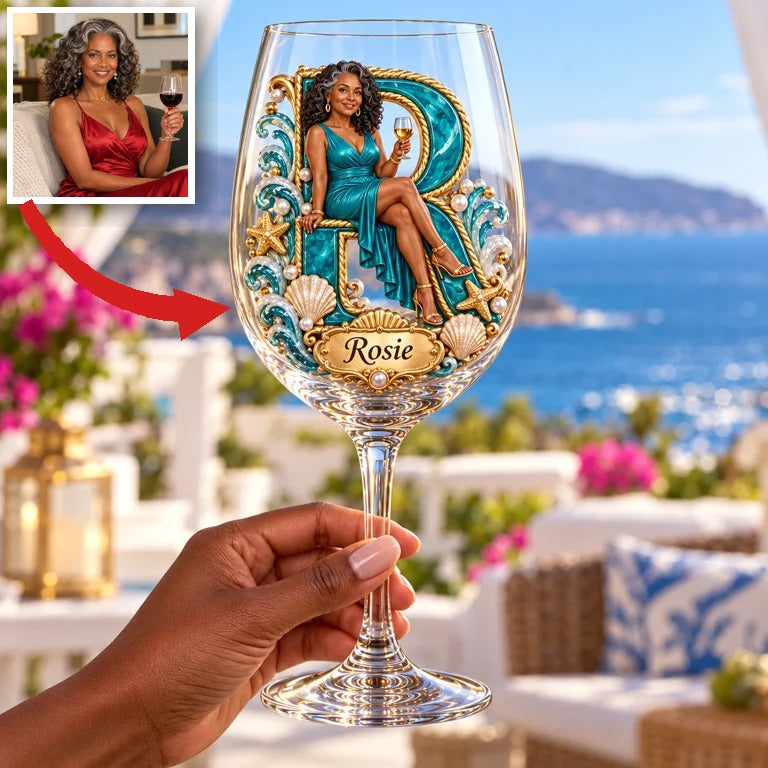 Personalized Custom Photo Coastal Wine Glass - Gift for Older Women