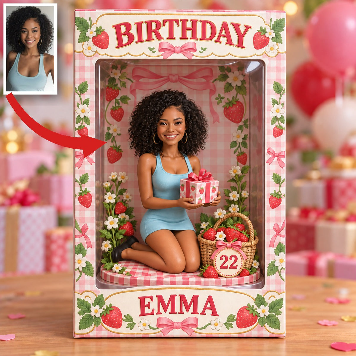 Boîte à fenêtre d'anniversaire personnalisée - Figurine portrait fraise, nom et âge