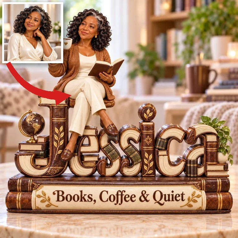 Personalized Custom Photo Book and Coffee Lover 3D Name Figurine - Gift for Older Women
