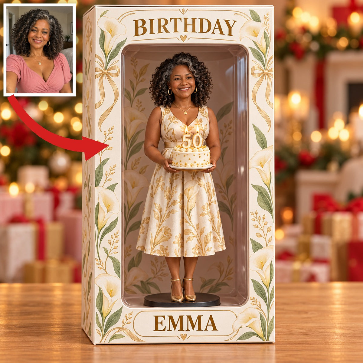 Personalized Custom Photo Calla Lily Figurine Display Box - 50th Birthday Gift for Women