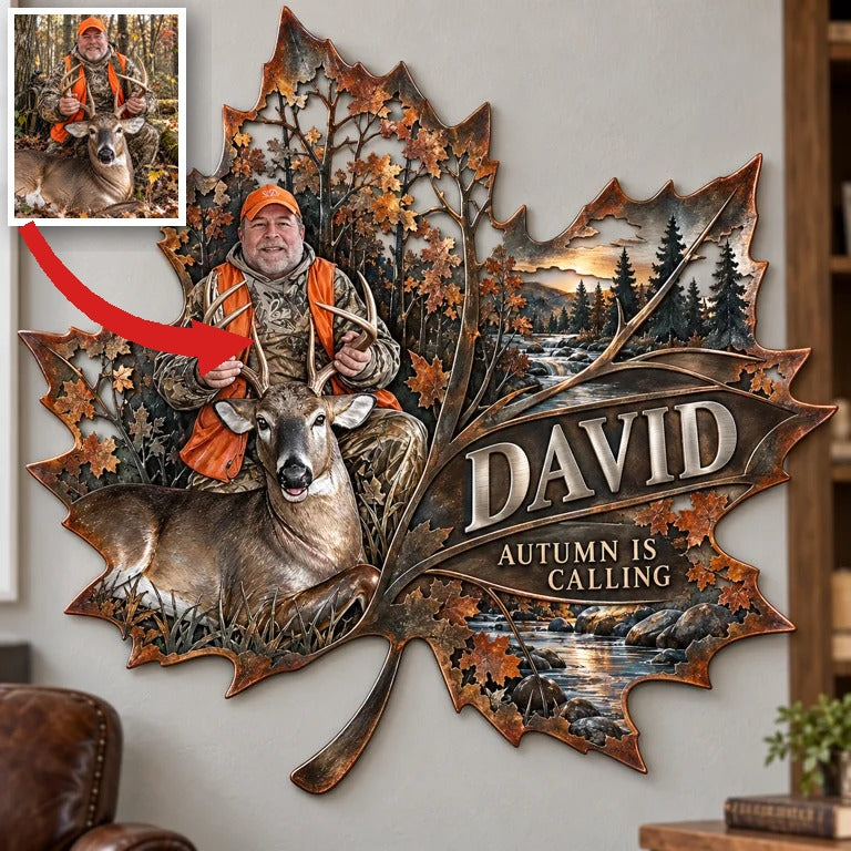 Personalisierte Jagd Metall-Schild - Herbst-Ahornblatt Wandkunst mit Foto, Name und Text
