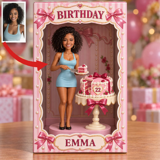 Boîte d'affichage de figurine d'anniversaire personnalisée - Portrait photo avec nœud rose, nom et âge personnalisés
