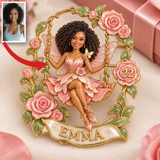 Broche de Fée d'Anniversaire Personnalisée - Rose, Portrait, Nom et Âge