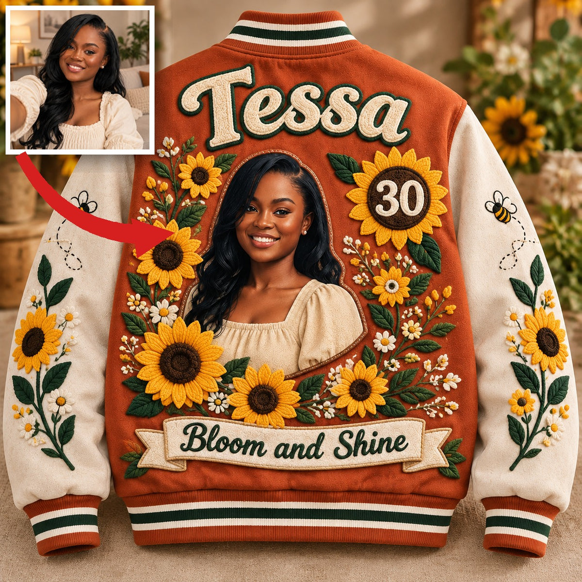 Veste Varsity Tournesol Personnalisée - Portrait Photo d'Anniversaire