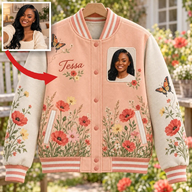 Personalisierte Poppy Meadow Varsity Jacke - Damen Foto und Name Botanisches Design