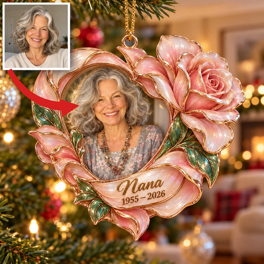 Personalisierte Foto-Rosenherz-Gedenk-Christbaumkugel - In Erinnerung an Oma