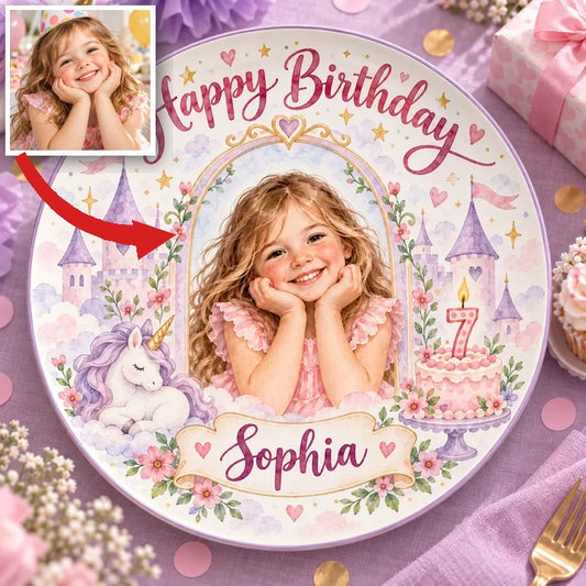 Assiette Ronde en Céramique Personnalisée - Portrait d'Anniversaire Princesse, Nom et Âge Personnalisés