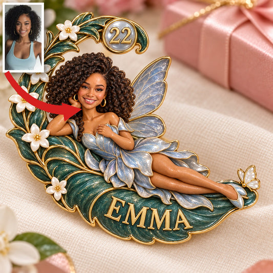 Broche Fée Personnalisée - Cadeau d'Anniversaire avec Photo, Nom et Âge, Feuille de Fougère Croissant