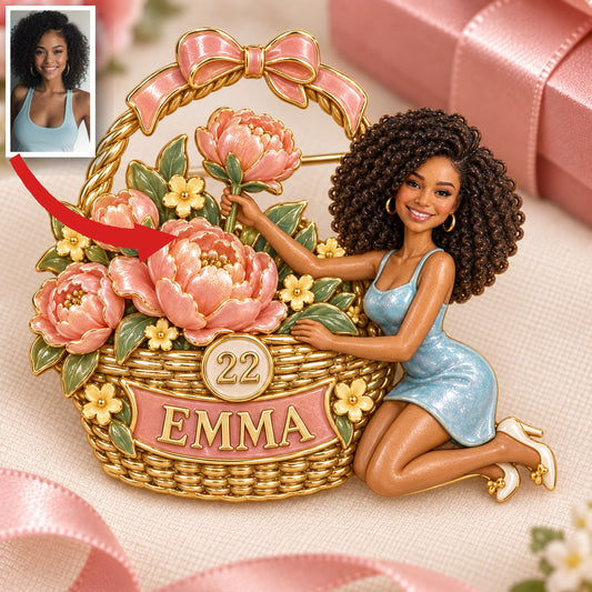 Broche de Fête d'Anniversaire Personnalisée - Portrait Sculpté, Nom et Âge