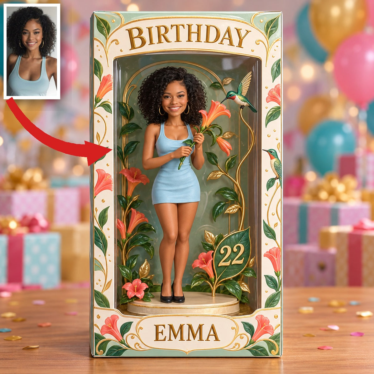 Boîte d'Affichage d'Anniversaire Personnalisée - Figurine Portrait avec Colibri, Nom et Âge