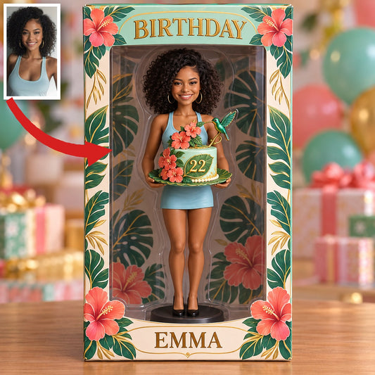 Boîte d'Affichage d'Anniversaire Personnalisée - Figurine Portrait avec Gâteau Colibri, Nom et Âge