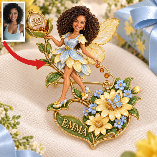 Broche Fée Garde-Semences de Fleurs Sauvages Personnalisée - Cadeau d'Anniversaire avec Photo, Nom et Âge Personnalisés