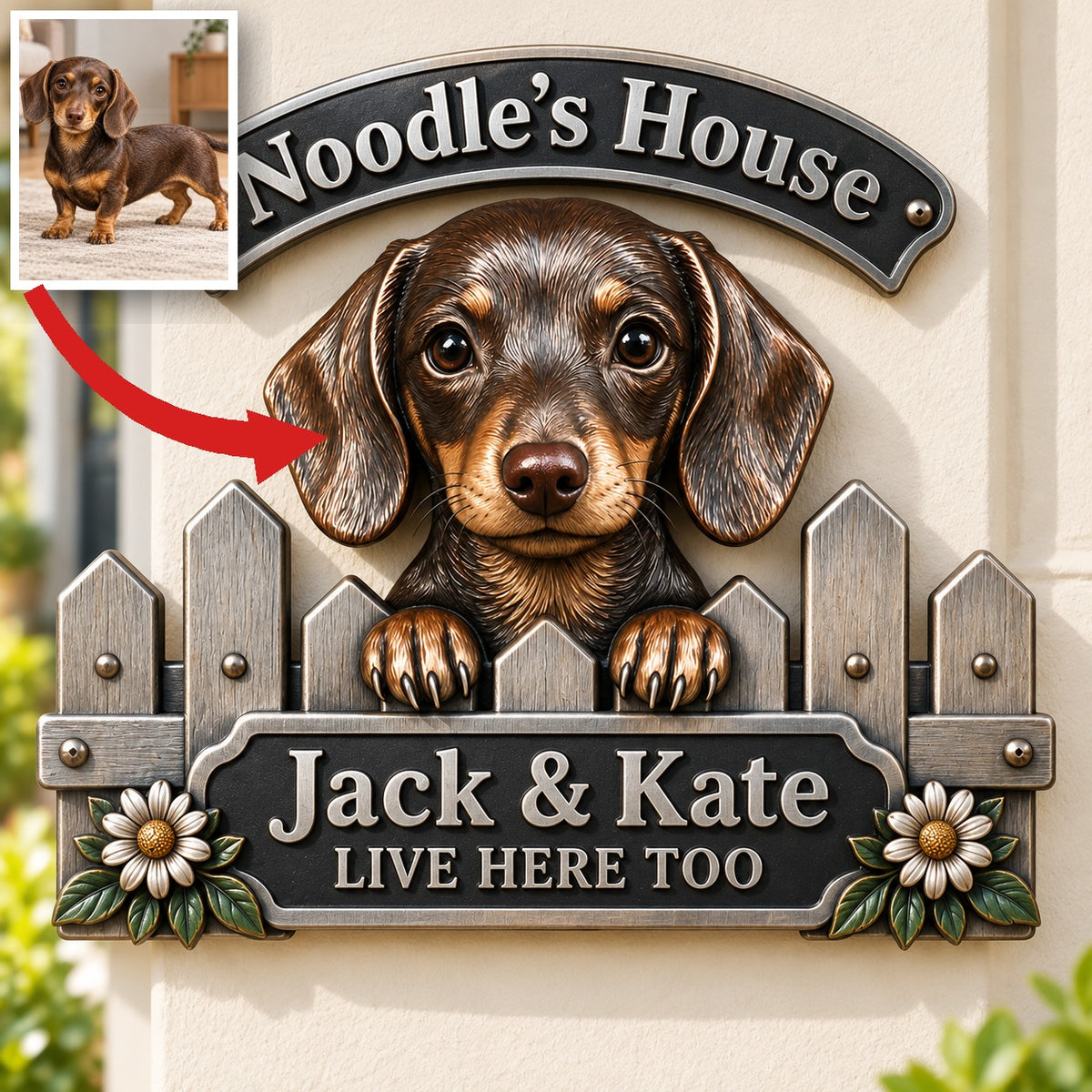 Panneau Métallique Découpé 3D Personnalisé Photo Teckel - Cadeau Amoureux des Chiens pour Décoration Intérieure