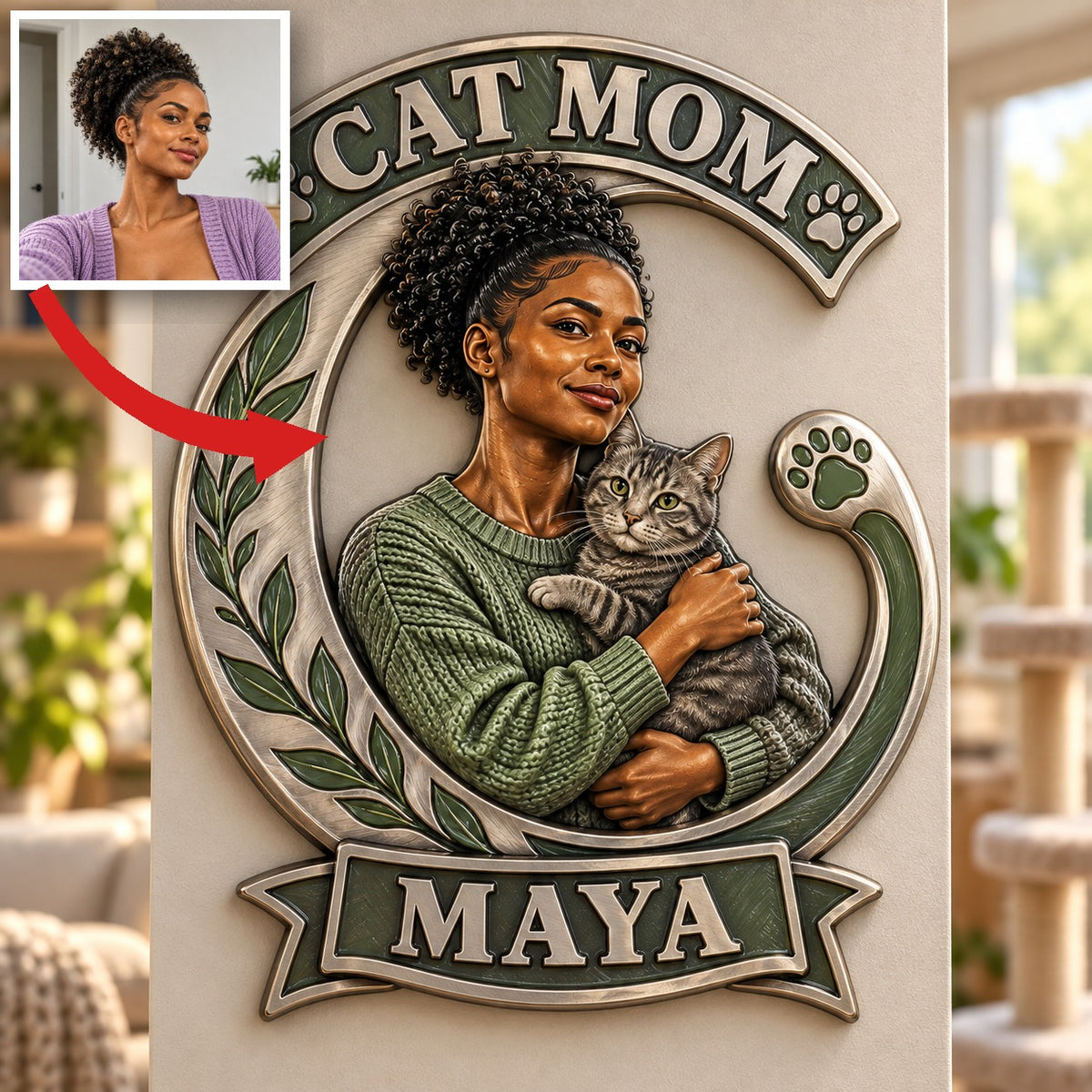 Personalized Custom Photo Cat Mom 3D Printed Cut Metal Sign - Gift for Young Women