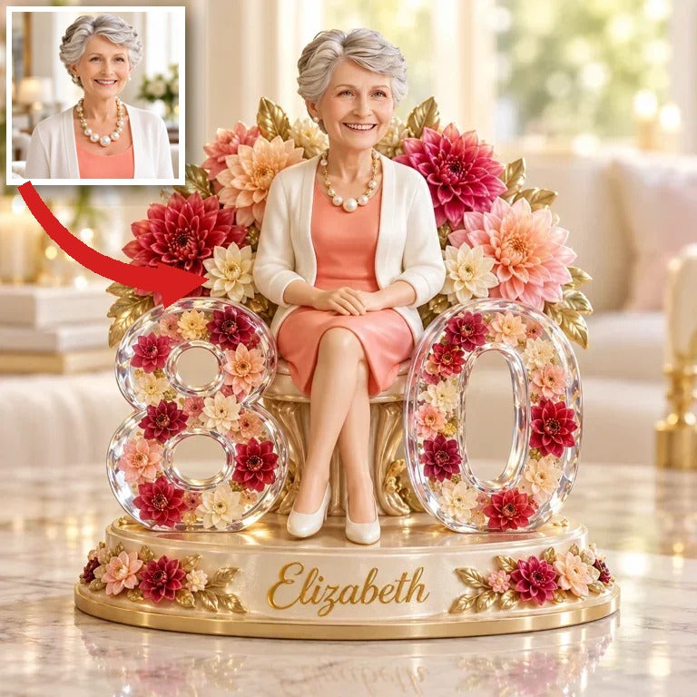 Personalized Floral Throne Shaped Acrylic Plaque, Personalized Queen Birthday Portrait Gift for Mom, Wife, Grandma, 40th 50th 60th 70th Birthday Gift for Her