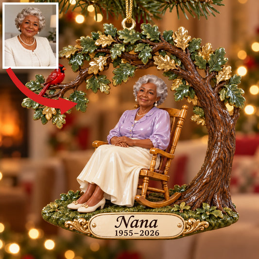 Personalisierte Foto-Eichenbaum-Schaukelstuhl-Gedenk-3D-Weihnachtsornament - Erinnerungsstück für Großmutter