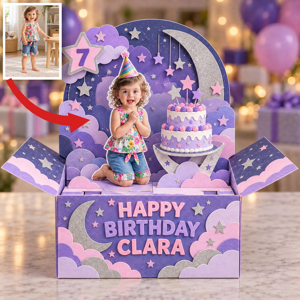 Carte Pop-Up Personnalisée Lune et Étoiles - Gâteau d'Anniversaire avec Photo, Nom et Âge Personnalisés
