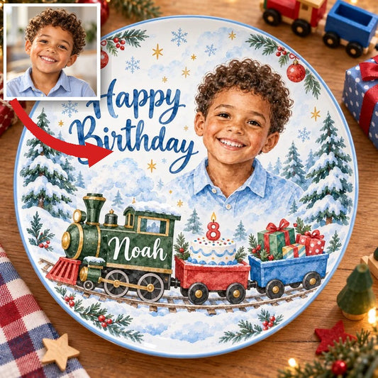 Personalisierte Weihnachtszug Keramikteller - Geburtstags-Aquarell-Porträt, individueller Name und Alter