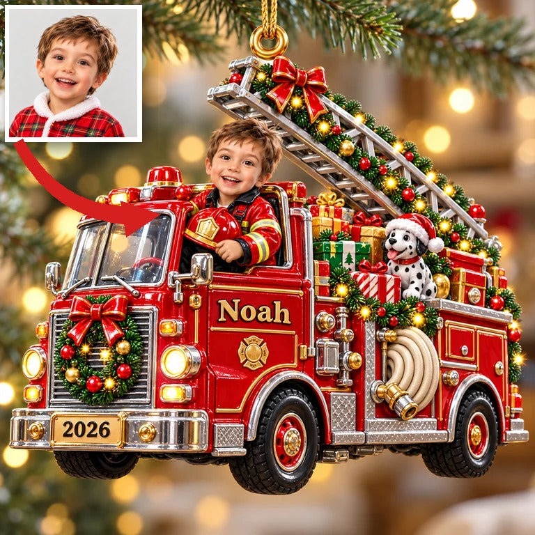 Personalized Custom Photo Fire Truck 3D Ornament - 2026 Christmas Gift for Boys