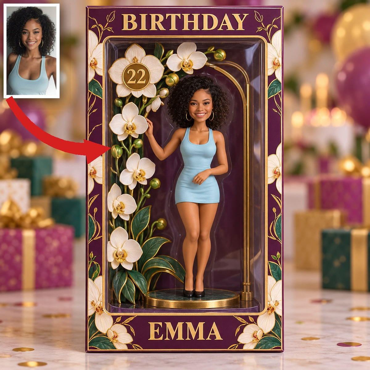 Boîte d'Affichage d'Orchidée Personnalisée pour Anniversaire - Figurine Portrait Photo avec Nom et Âge