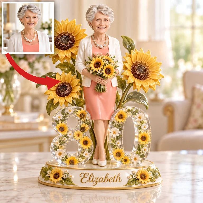 Personalisierte Geburtstagsfigur - Individuelles Porträt, Sonnenblumen-Geschenk