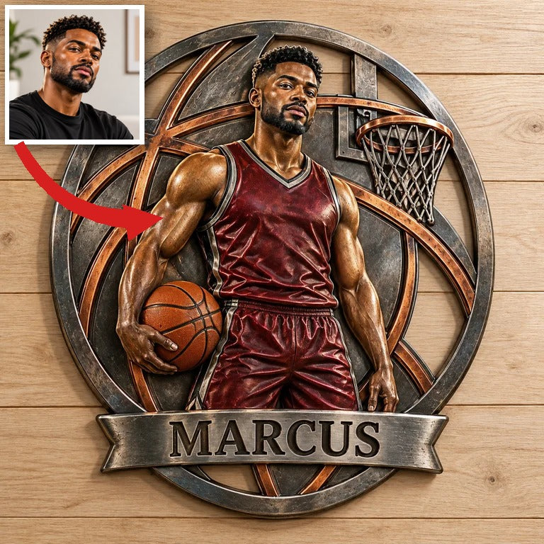 Personalisierte Foto-Basketball 3D-gedrucktes Metall-Schild - Geschenk für junge Männer