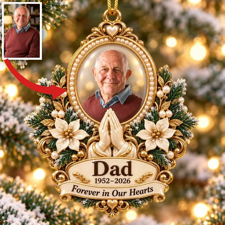 Personalized Custom Photo Dad Memorial Praying Hands 3D Ornament - Christmas Remembrance Keepsake