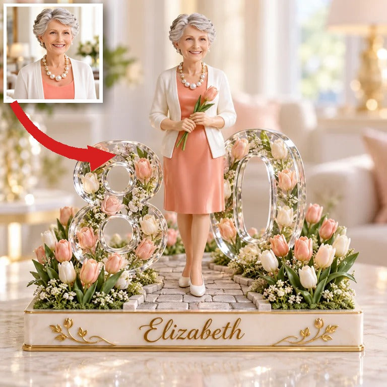 Figurine d'anniversaire personnalisée - Portrait sur mesure, cadeau souvenir jardin de tulipes