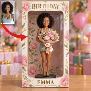 Boîte d'Affichage d'Anniversaire Personnalisée - Figurine Portrait avec Bouquet de Pivoines, Nom et Âge