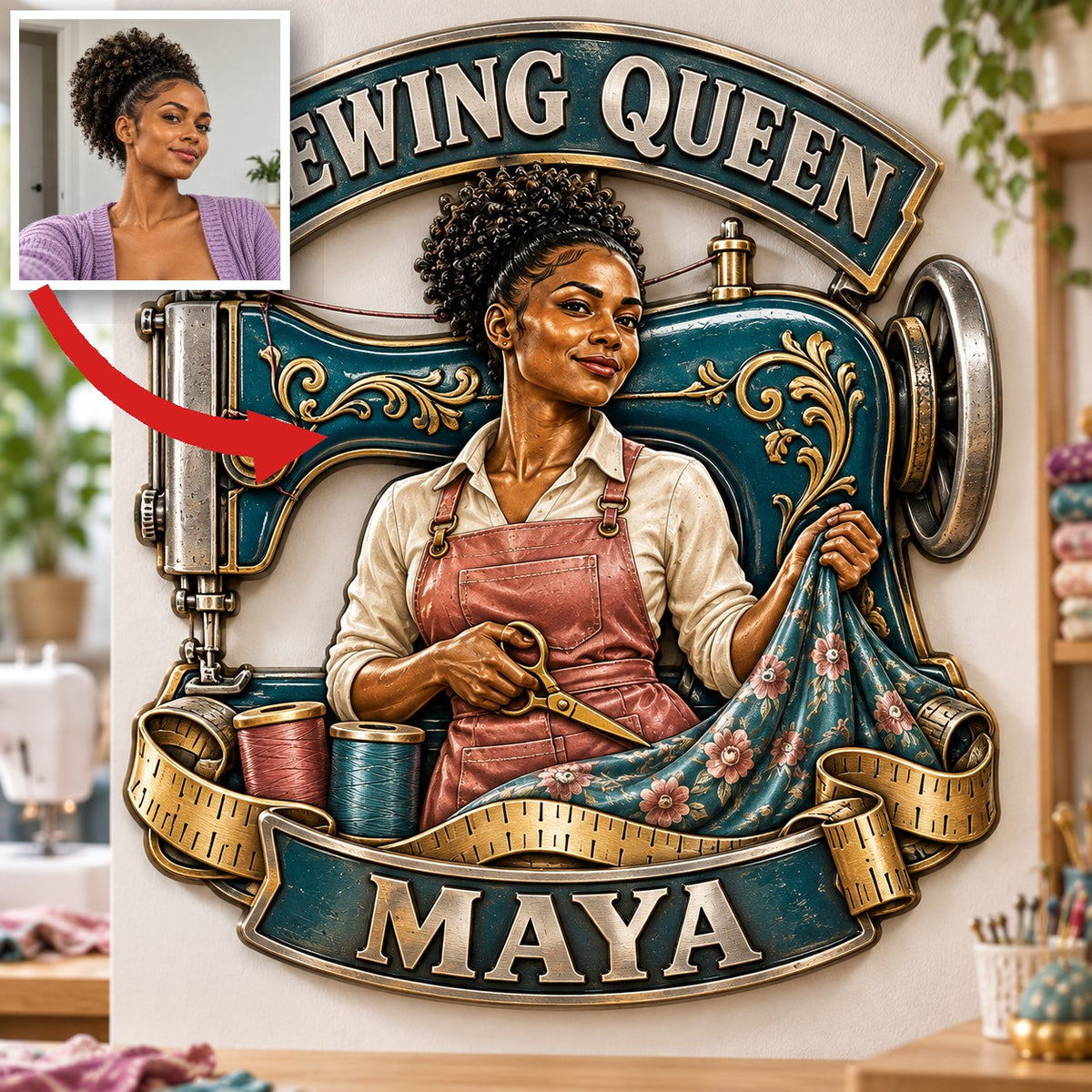 Personalized Custom Photo Sewing Queen 3D Printed Cut Metal Sign - Gift for Young Women