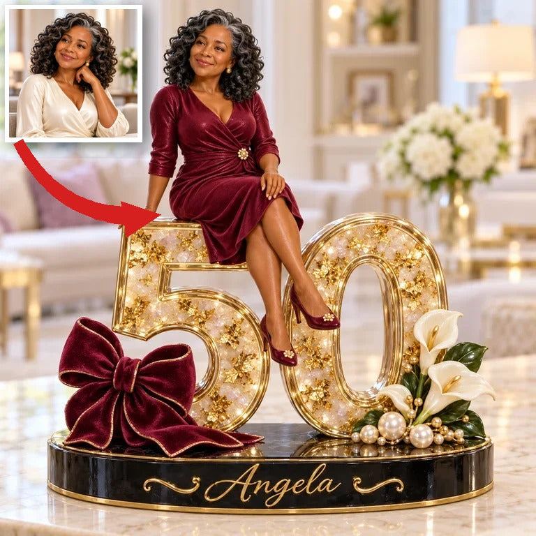 Personalized Custom Photo Burgundy Bow Custom Shaped Acrylic Plaque - 50th Birthday Gift for Women