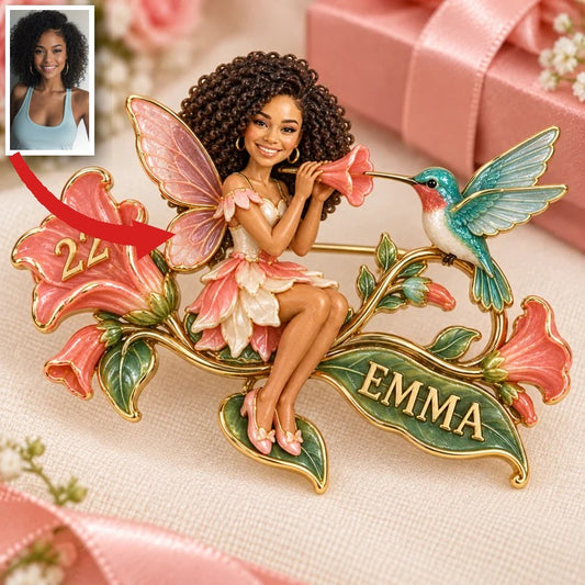 Broche Fée Fleur Personnalisée - Cadeau d'Anniversaire avec Photo, Nom et Âge