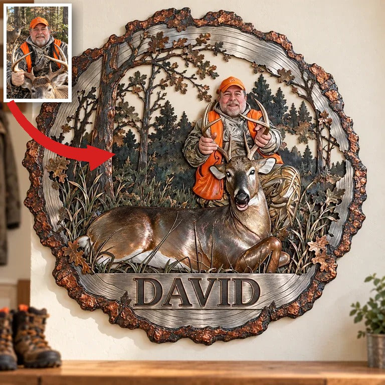 Personalized Custom Photo Deer Hunting 3D Metal Wall Art - Rustic Tree Border Gift for Older Men