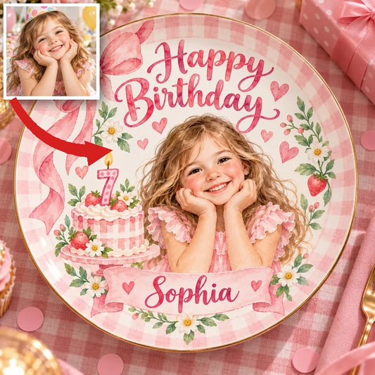 Assiette Ronde en Céramique Personnalisée pour Anniversaire - Portrait, Nom et Âge, Noeud Rose et Design Floral