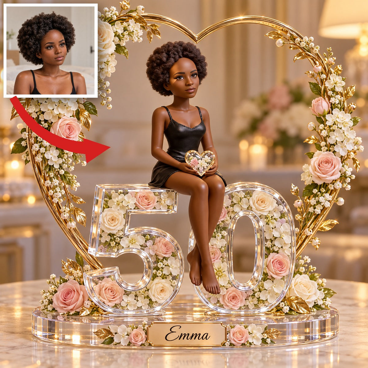 Personalized Custom Photo Heart Acrylic Number Figurine Display - 50th Birthday Gift for Women
