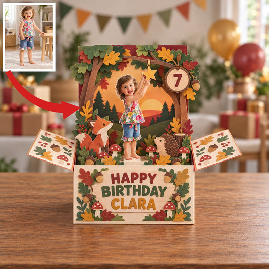 Carte Pop Up Personnalisée en Bois - Souvenir Photo d'Anniversaire avec Renard et Hérisson