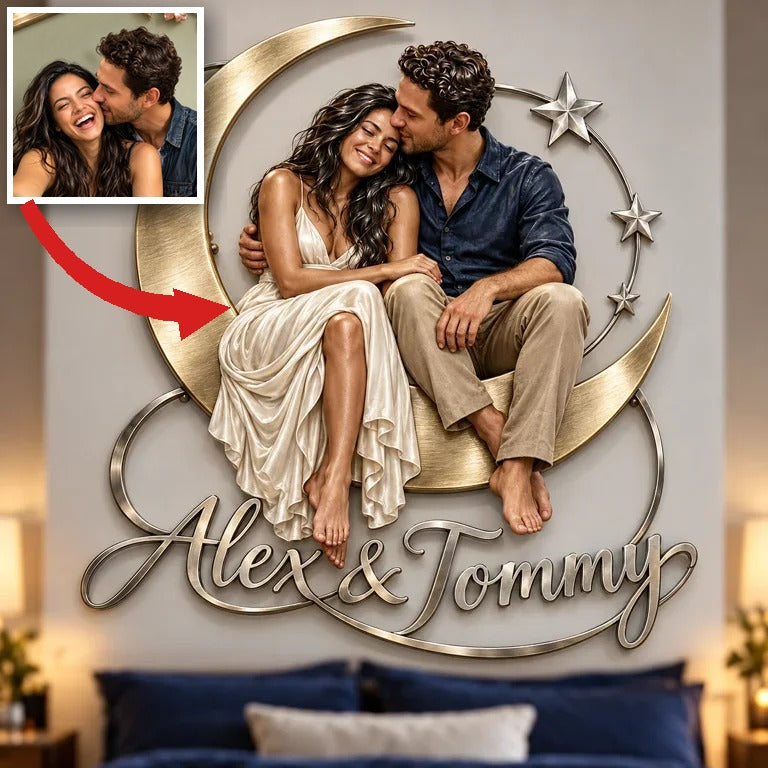 Art mural en métal 3D personnalisé photo lune et étoiles - Cadeau déco chambre pour jeunes couples
