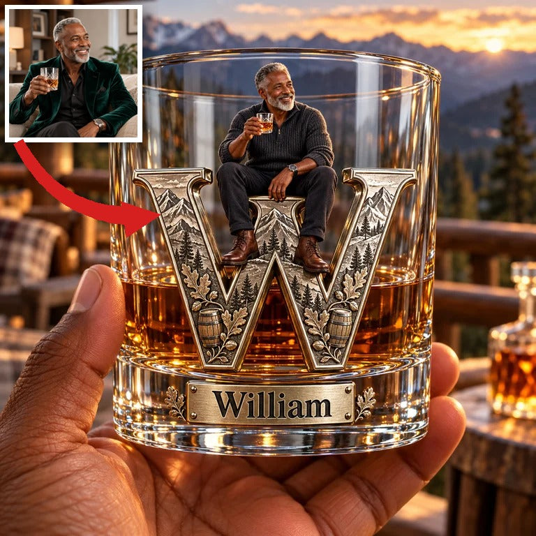 Personalized Custom Photo Mountain Monogram Whiskey Glass - Gift for Older Men Who Love Whiskey