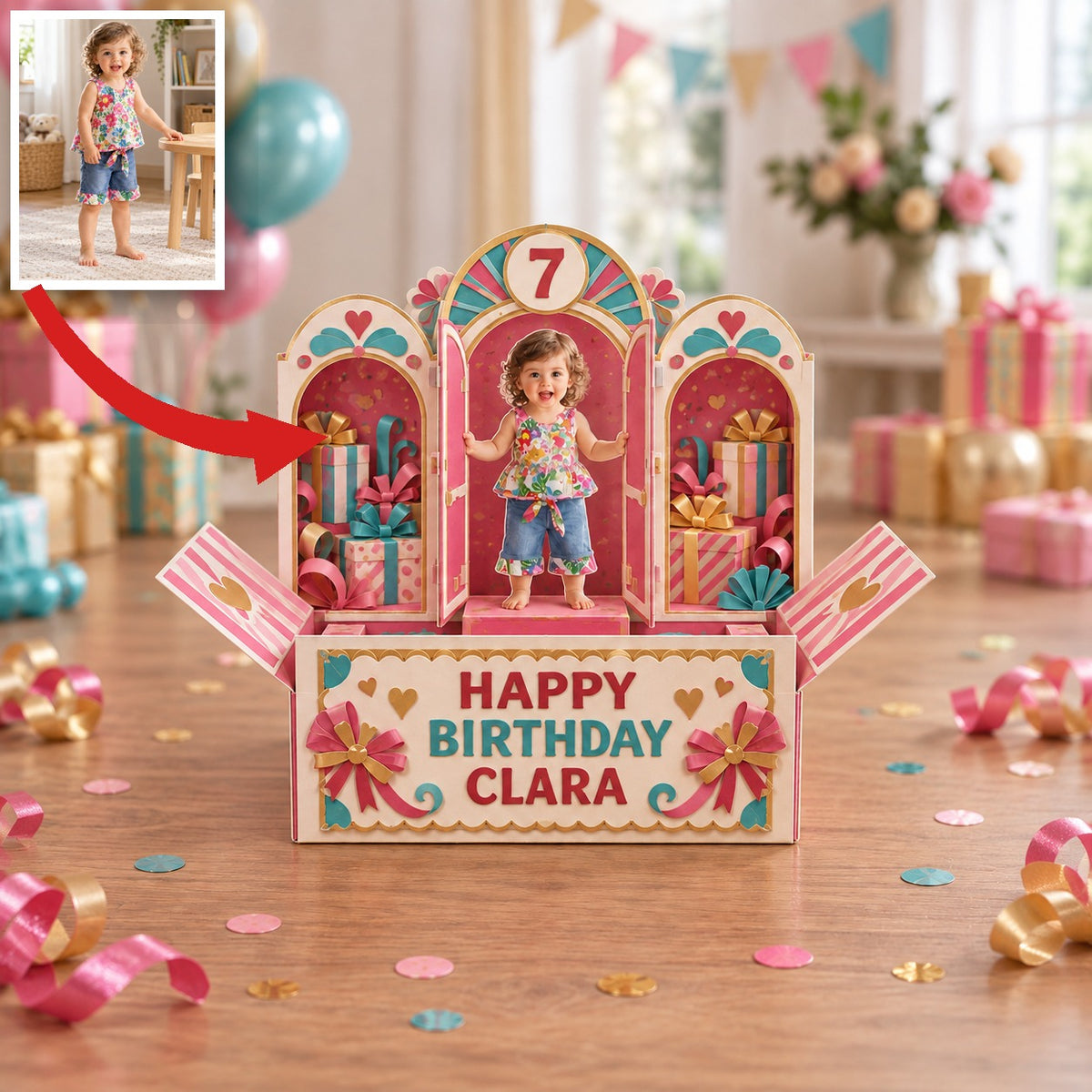 Carte Pop Up d'Anniversaire Personnalisée - Fenêtres Arrondies avec Photo, Nom et Âge Personnalisés