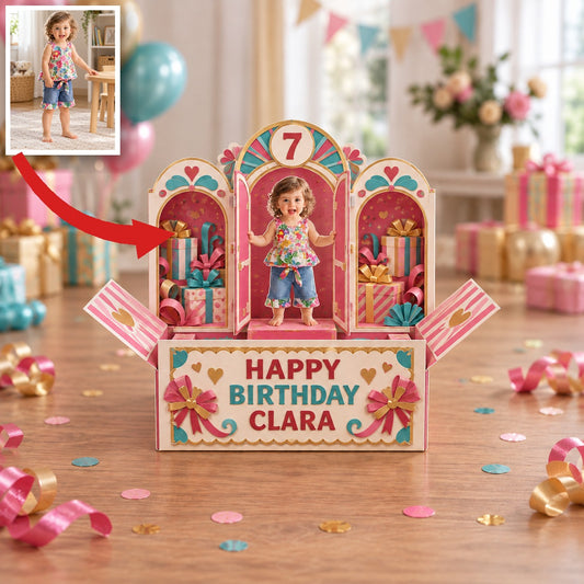 Carte Pop Up d'Anniversaire Personnalisée - Fenêtres Arrondies avec Photo, Nom et Âge Personnalisés