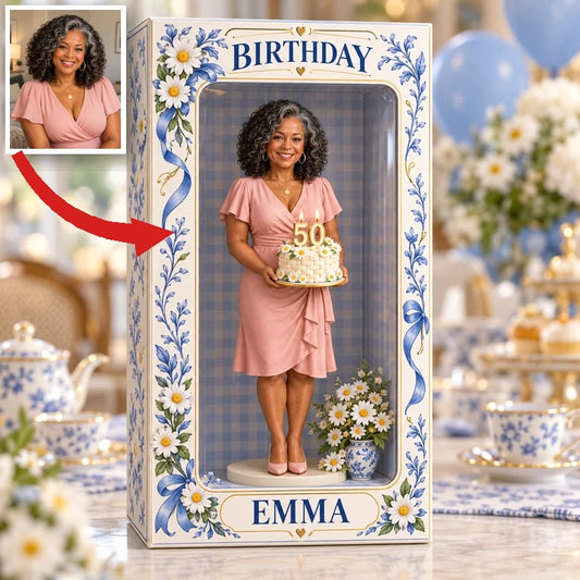 Personalized Custom Photo Blue Daisy Figurine in Acrylic Display Box - 50th Birthday Gift for Women