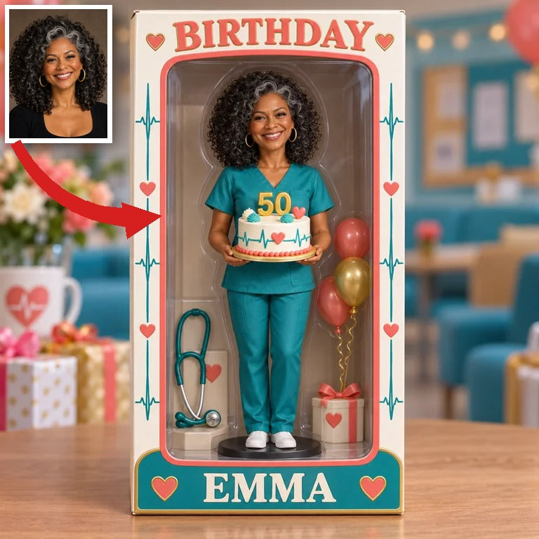 Personalized Nurse Figurine Display Box - Birthday Photo Portrait with Custom Name and Age