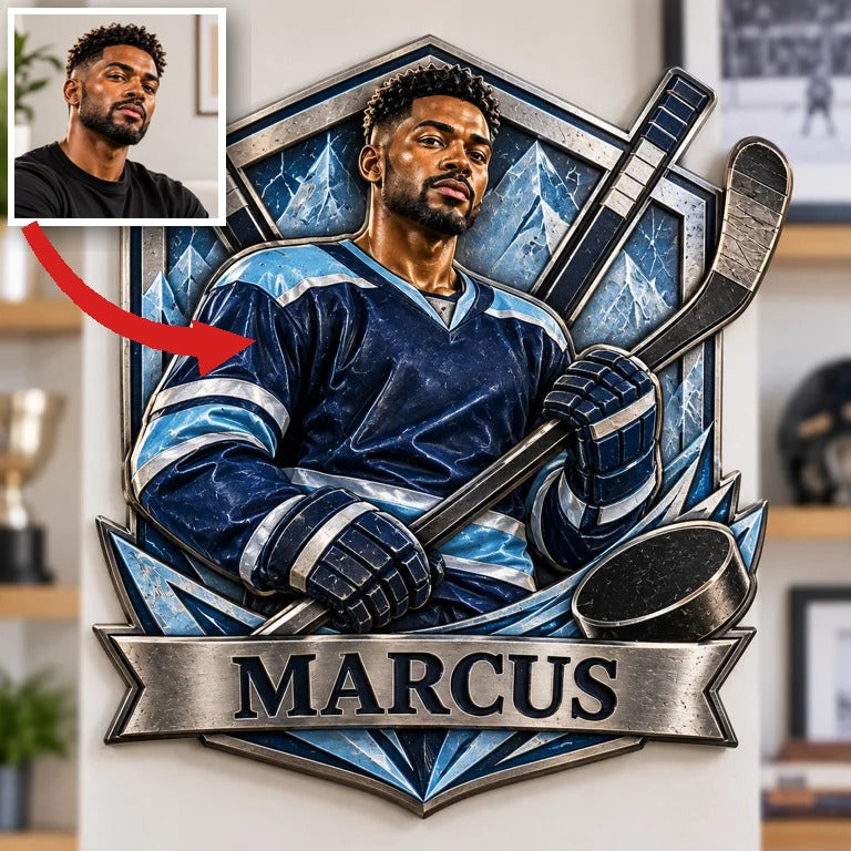 Personalisierte 3D-gedruckte Metalltafel für Eishockey - Geschenk für junge Männer