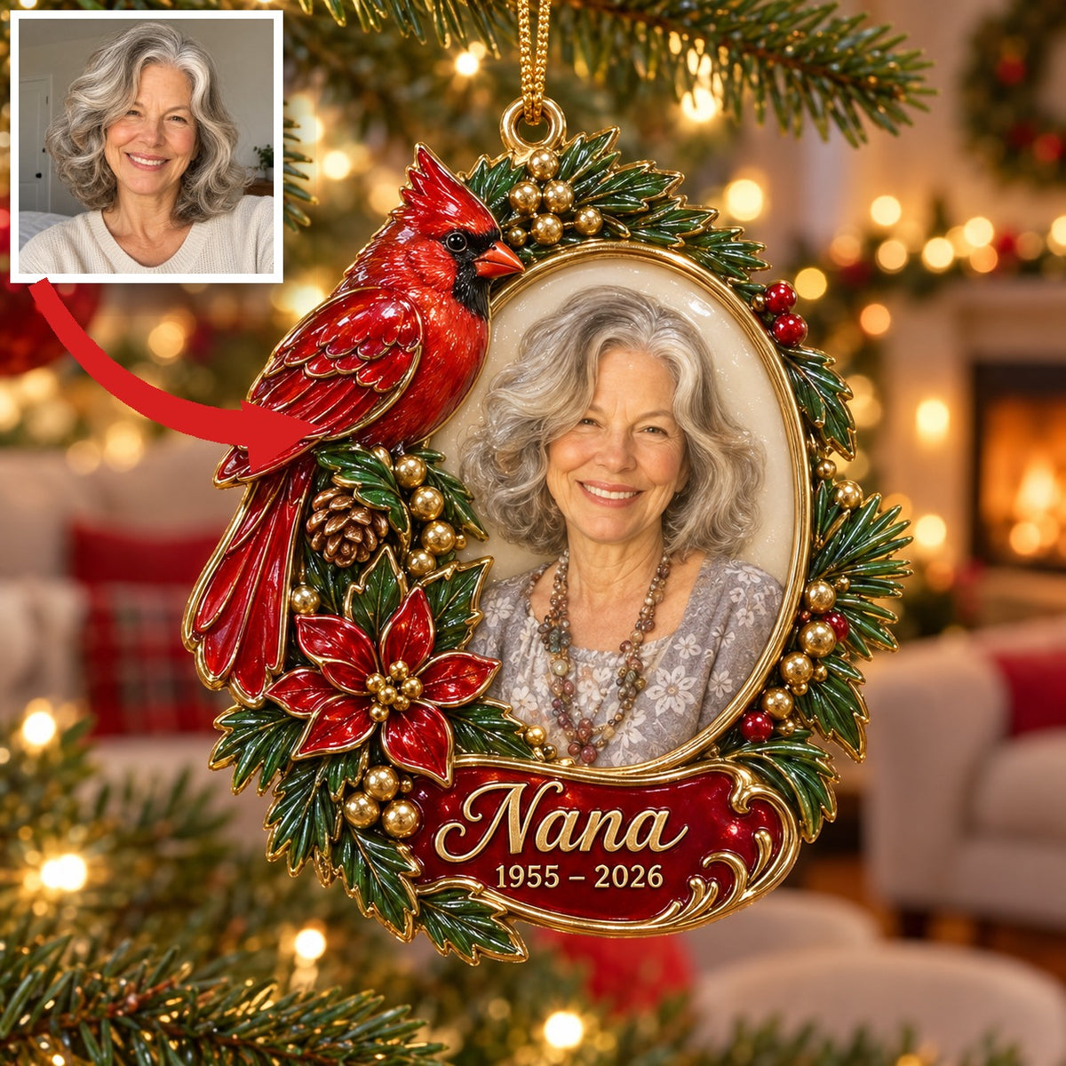 Personalized Custom Photo Cardinal Memorial Christmas Ornament - In Memory of Grandma