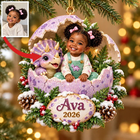 Personalized Custom Photo Dinosaur Egg 3D Ornament - 2026 Christmas Gift for Little Girls